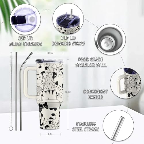 Uibunoo Line Cat 40oz Insulated Tumbler with Handle & Straw – Cat Lover Gift
