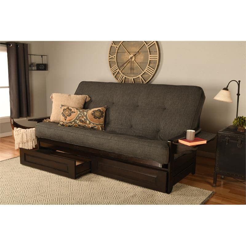 Queen Futon Sofa Bed with Storage Drawers and Charcoal Linen Mattress