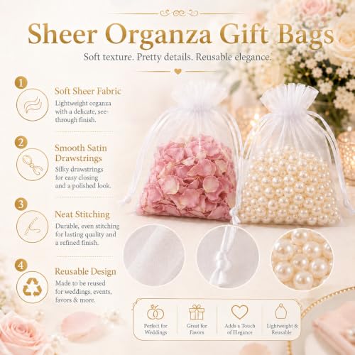 100pcs White Organza Drawstring Gift Bags 5x7 Inch Mesh Pouches