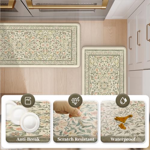 Anti-Fatigue Kitchen Mat Set, Boho Floral Cushioned Floor Rugs - 2 Piece