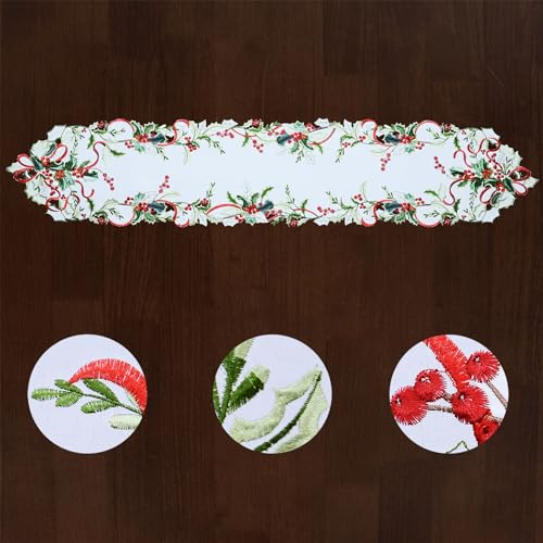 Grelucgo Embroidered Holly Leaves Table Runner 14x70in - Satin Holiday Home Decor