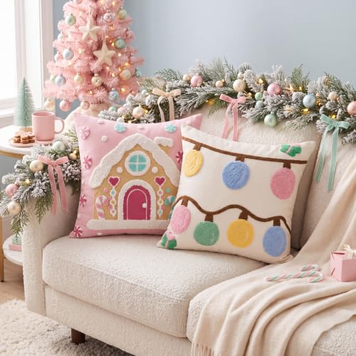 Breling 2 Pack Pastel Christmas Pillow Covers 18x18 inch with 3D Embroidered Designs - Gingerbread & Lights