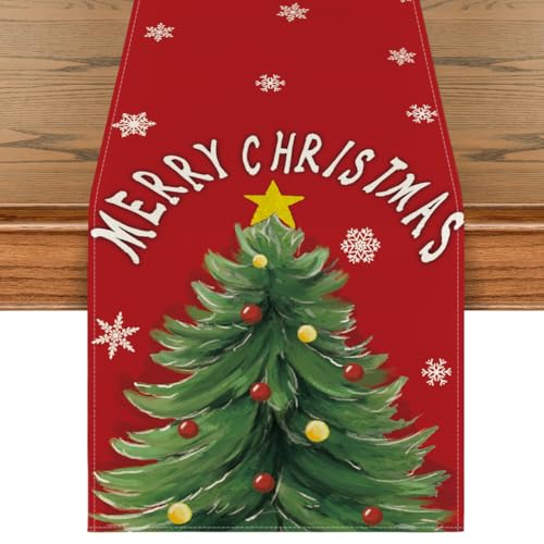 Red Xmas Pine Snowflake Table Runner 13x108 Inch Holiday Home Decor