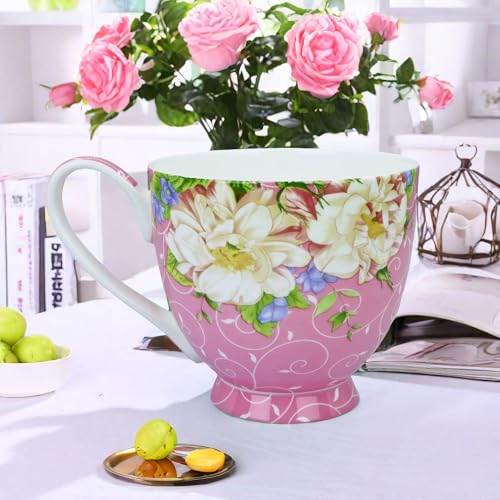 YUESITE 16oz Bone China Floral Mugs - Pink Magnolia, Large Coffee Tea Cup