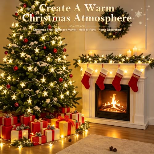 Battery Operated 20ft Christmas Star String Lights with 60 Warm White LEDs