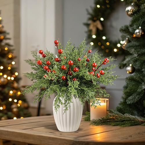 60Pcs Artificial Christmas Pine Branches & Red Berry Stems for Holiday Decor