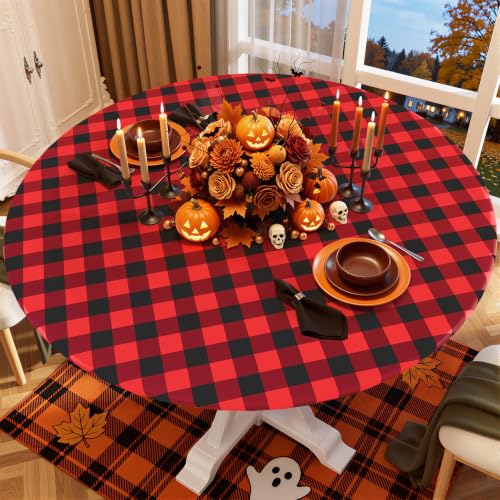 Smiry 57-68 Inch Round Picnic Table Cloth with Flannel Backing, Waterproof Vinyl, Red & Black