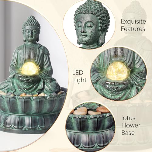 Zen Buddha Tabletop Water Fountain with LED Light and Rolling Glass Ball