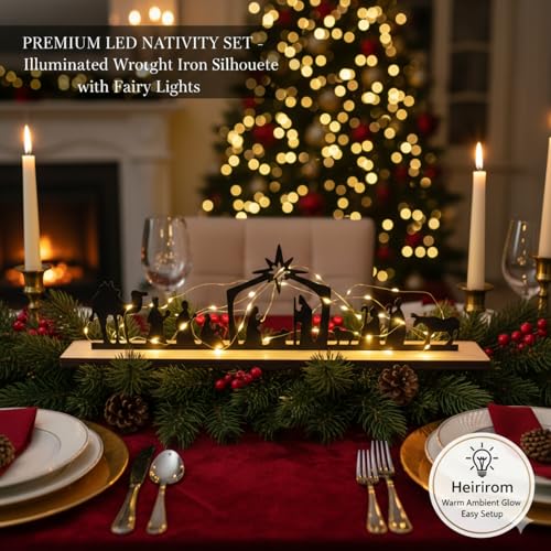 Nativity Scene Tabletop Decor, Metal Silhouette with Wooden Base