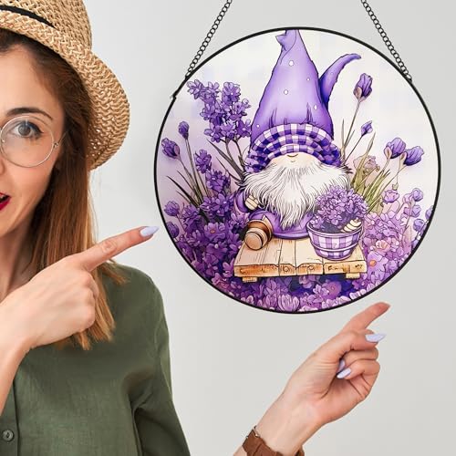 Purple Garden Gnome Stained Glass Sun Catcher, 9.8in