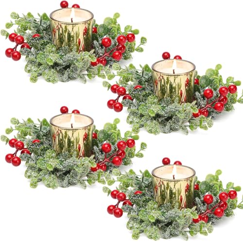 Christmas Candle Ring Wreaths with Votive Candles - Set of 4 Centerpieces