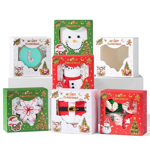 48PCS Christmas Cookie Boxes with Windows, 4x4x2 Inches - Holiday Gift Packaging