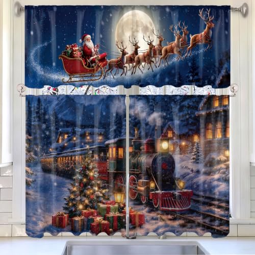 Breling Night View Christmas Kitchen Curtains Set – Santa Sleigh Reindeer Snowy Night Valance & 2 Tier Panels