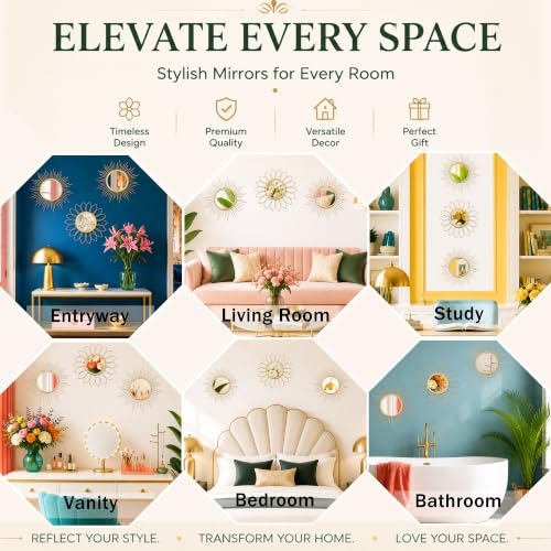 3-Piece Gold Sunburst Wall Mirror Set, Decorative Modern Metal Wall Art Decor