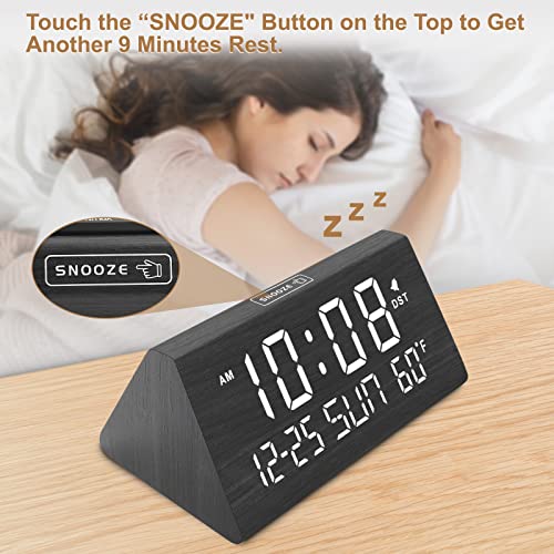 Wooden Digital Alarm Clock with USB Charging Port & Temperature Display