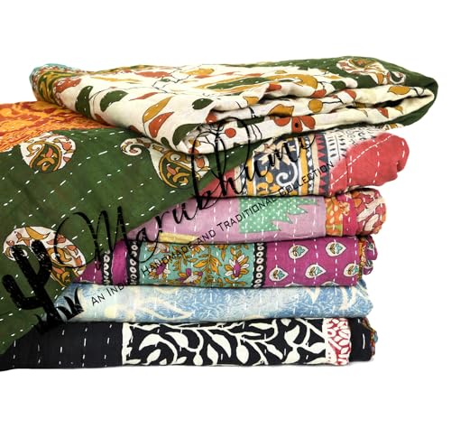 Handmade Reversible Kantha Quilt - Vintage Cotton Throw Blanket