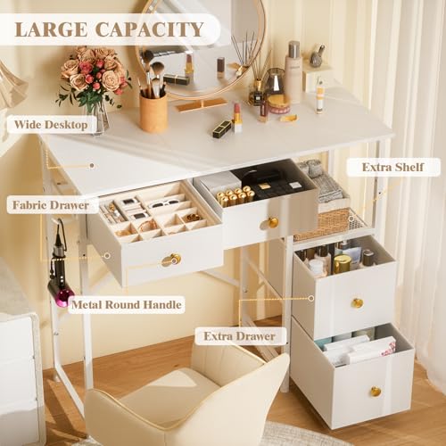 Small White Vanity Desk with 4 Fabric Drawers, 33.5-Inch Dressing Table