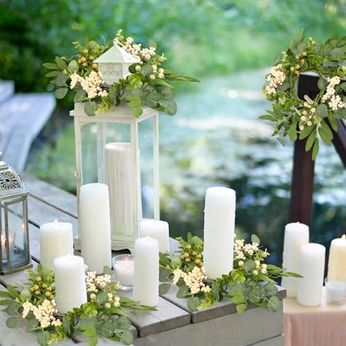 4 Pcs Eucalyptus Candle Rings 7.87 Inch Artificial Green Berry Wreaths