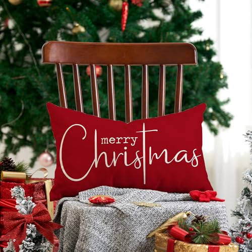 Allorry Christmas Pillow Cover 12x20 Inches Red Cotton Linen Holiday Decor Pack of 1