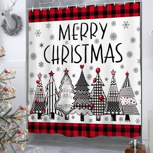 Baccessor Merry Christmas Tree Shower Curtain 72x72 in, Red Buffalo Plaid Snowy Trees Waterproof