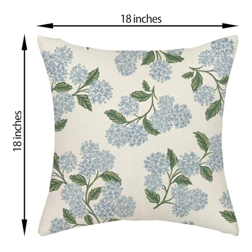 Floral Outdoor Pillow Covers 18x18 Inch - Set of 2 Blue Hydrangea Linen