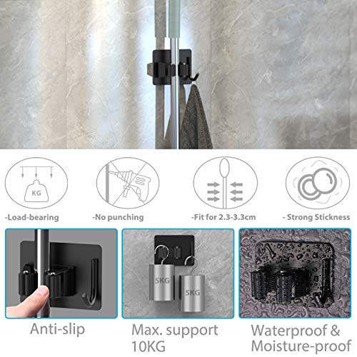 Self Adhesive Broom Holder Wall Mount Stainless Steel Mop Hanger with Hooks