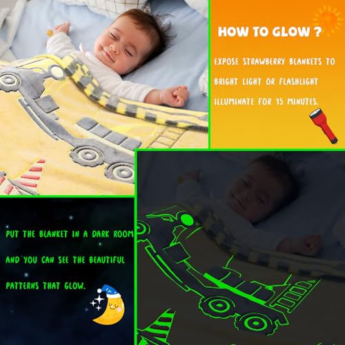 Glow in the Dark Tractor Blanket for Kids, 50" x 60" Construction Throw