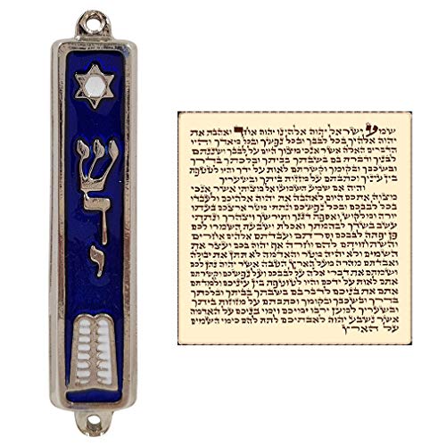3.5 Inch Ten Commandments Mezuzah Case with Scroll - Blue Enamel Silver