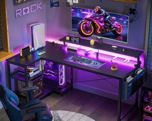 48-Inch L-Shaped Gaming Desk with LED Lights, Power Outlets & Storage