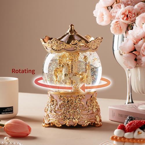 Carousel Musical Snow Globe Princess Unicorn Light Pink Music Box Gift for Girls Women Kids