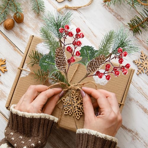 Sggvecsy 6 Pack Frosted Christmas Red Berry Pine Branches with Pine Cones - Green Variant