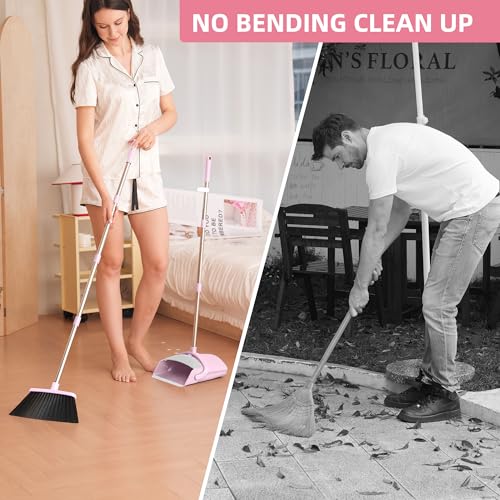 Pink Long Handle Broom and Dustpan Set with Self-Cleaning Teeth