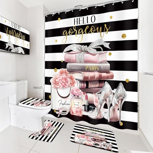 4-Piece Girly Bathroom Shower Curtain Set with Rugs and Hooks