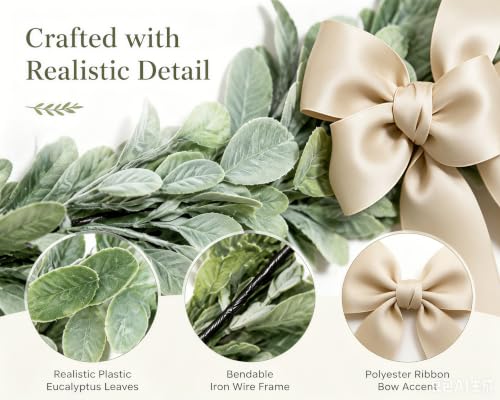 24-Inch Artificial Lambs Ear Swag with Burlap Bow, Farmhouse Door Topper