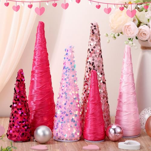 Pink Christmas Cone Trees Set of 6 - Festive Holiday Decor, 10", 8", 6"