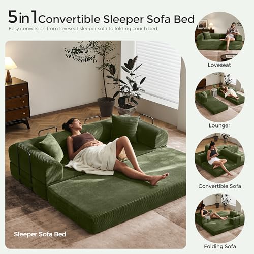 SAVENICA 79-Inch Olive Green Convertible Futon Sofa Bed - 5-in-1 Modular Couch for Living Room