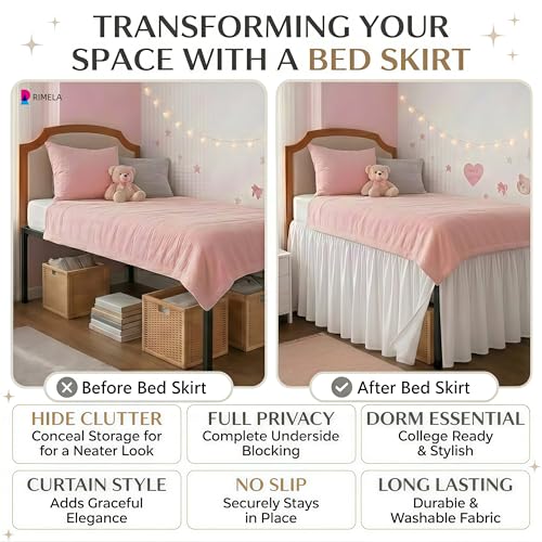 White Twin XL Dorm Bed Skirt - 32 Inch Drop with Split Corners