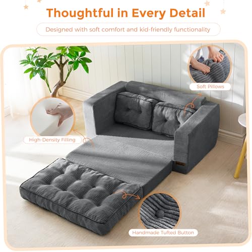 Kids Convertible 2-in-1 Folding Sofa Bed, Dark Grey Floor Lounger