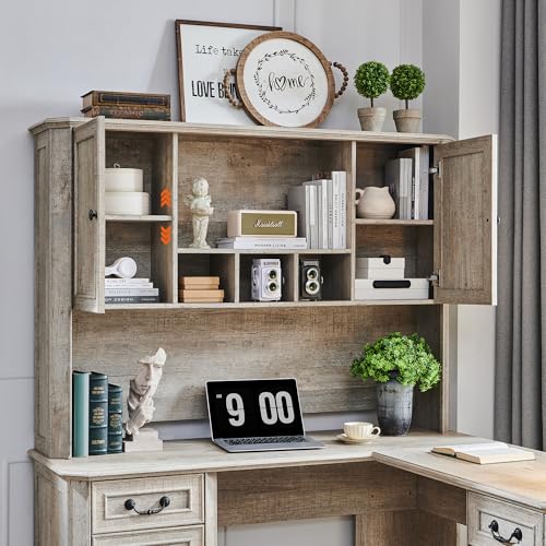 59-Inch Farmhouse Desk Hutch with Adjustable Storage Shelf, Rustic Oak