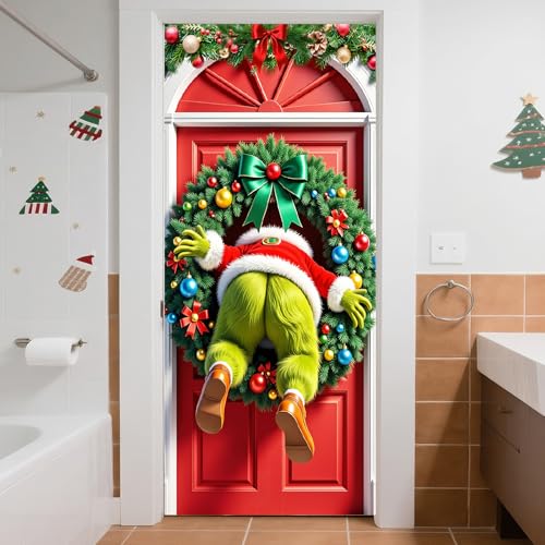 Hehegoo Red Green Christmas Door Cover Banner, 72.8x35.4 Inch Holiday Decor