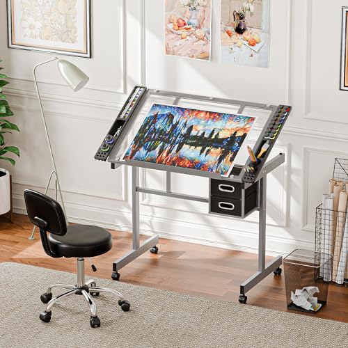 Adjustable Glass Drafting Table with Storage Drawers and Rolling Wheels
