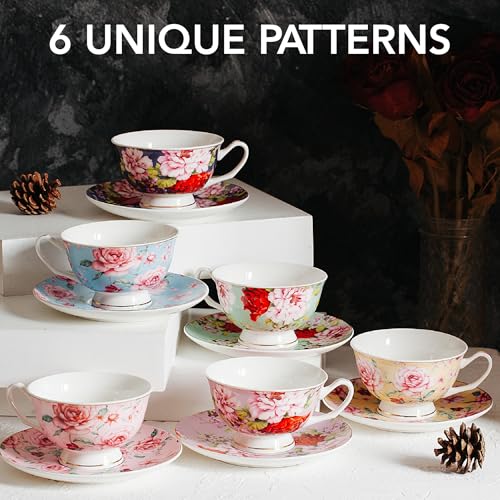 Multicolor Floral Tea Cups & Saucers Set of 6 - 8 oz Brew To A Tea