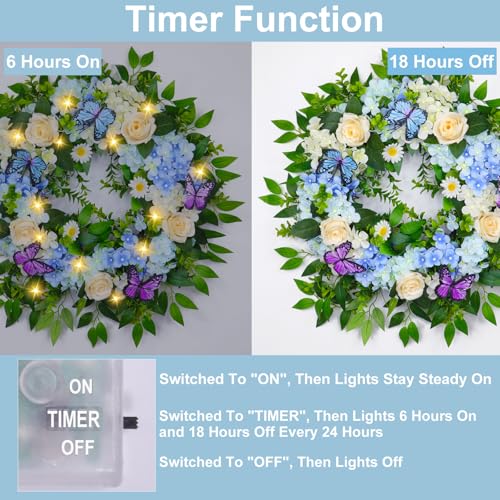 24-Inch Lighted Spring Hydrangea Wreath with Timer for Front Door Decor