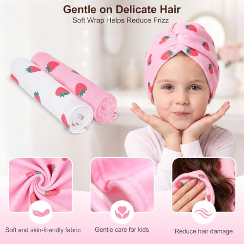 Kids Microfiber Hair Towel Wrap 2Pack Pink White Strawberry - Fast Dry Turban for Girls