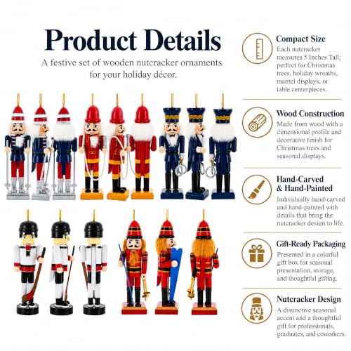 Set of 5 Wooden Nutcracker Christmas Ornaments - Hand-Carved Holiday Figures