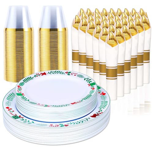 Sylans 175pcs Christmas Plates Disposable Dinnerware Set for 25 Guests Xmas04