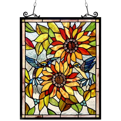 Handcrafted Sunflower and Birds Stained Glass Window Panel