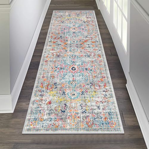 2x6 Washable Boho Hallway Runner Rug, Non-Slip Faux Wool Kitchen Mat