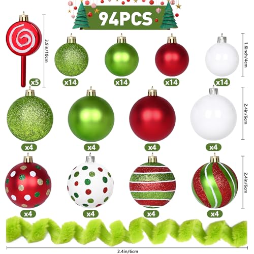 94Pcs Christmas Ornament Set - Red & Green Holiday Tree Decorations with Faux Fur Ribbon