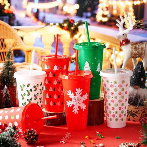 Stylish Christmas Plastic Cups with Lids & Straws, 24 oz, 24 Pack